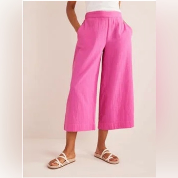 Boden Pants - Boden Bright Pink Gauze Cotton Pull On Trousers Pants Wide Leg Crop Mid Rise